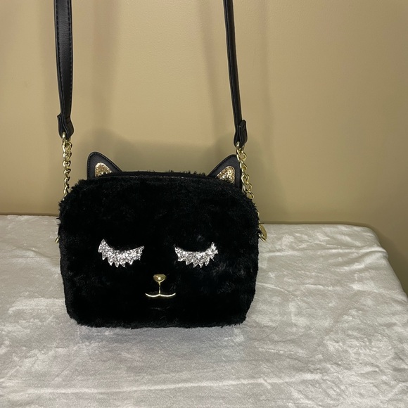 Betsey Johnson Black Fuzzy Glitter Cat Crossbody - Picture 2 of 10